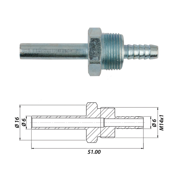 Штуцер для термопластиковой трубки Ø6-M14x1-Ø6